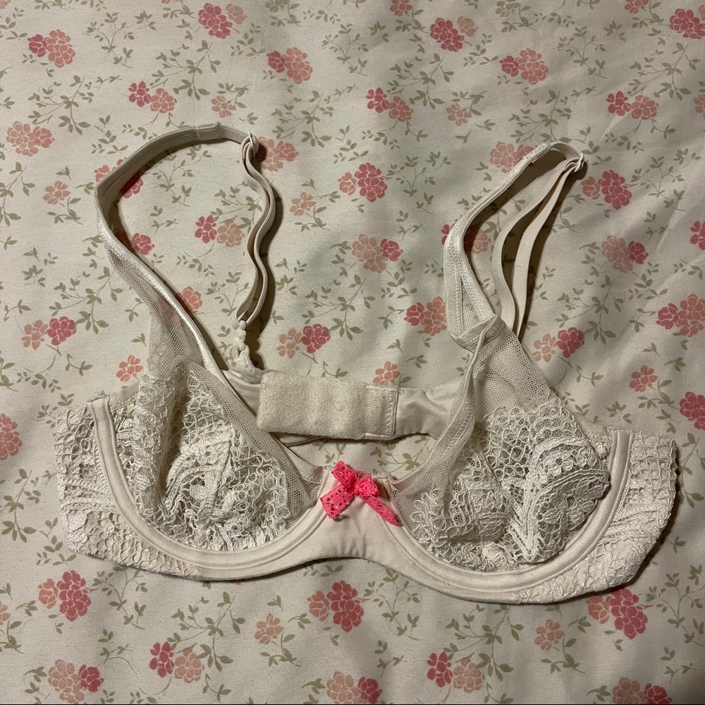 White lace and mesh unlined bra
